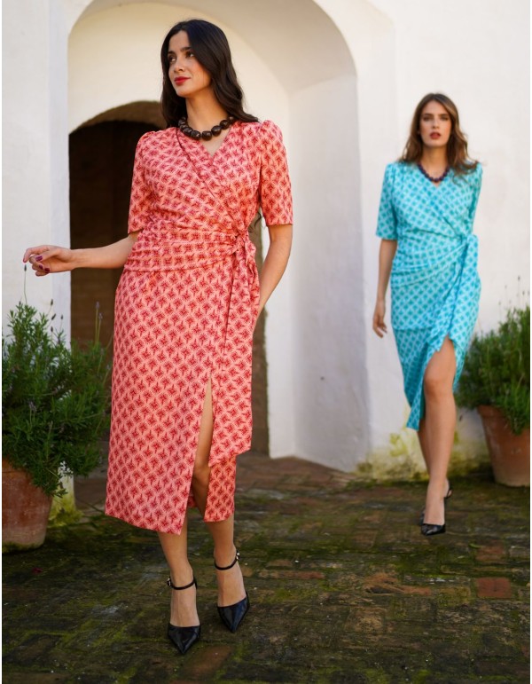 Robe midi imprimée à manches courtes avec nœud sur le côté