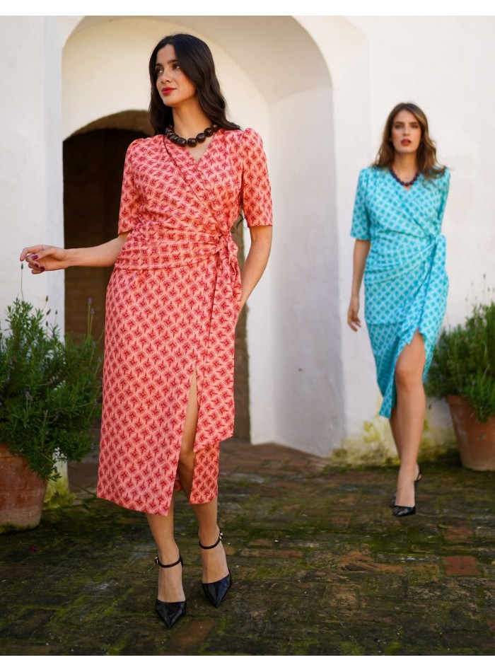 Printed short sleeve midi dress with side knot...