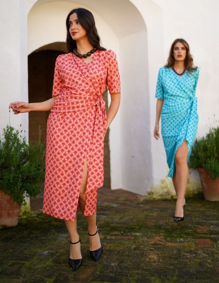 Printed short sleeve midi dress with side knot detail