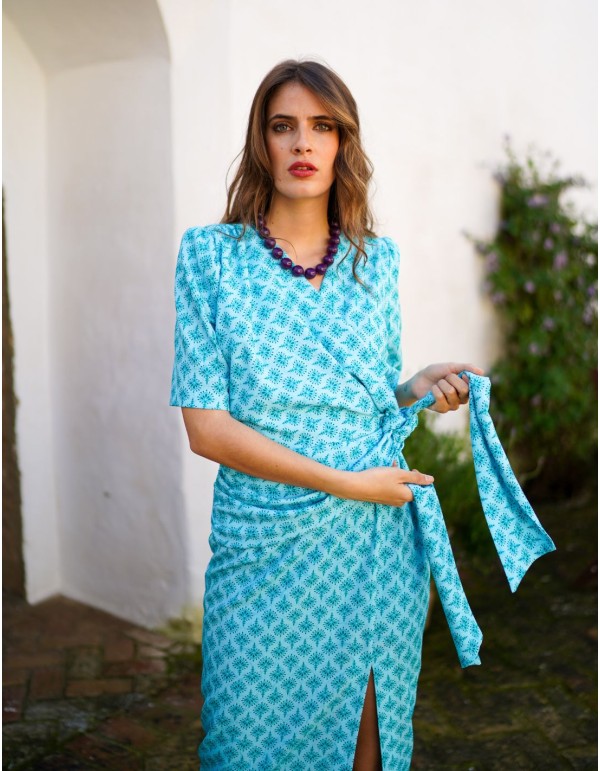 Robe midi imprimée à manches courtes avec nœud sur le côté 2