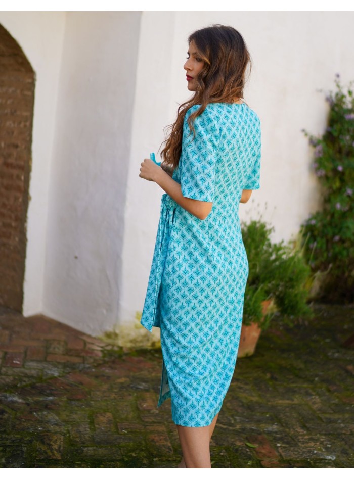 Printed short sleeve midi dress with side knot...