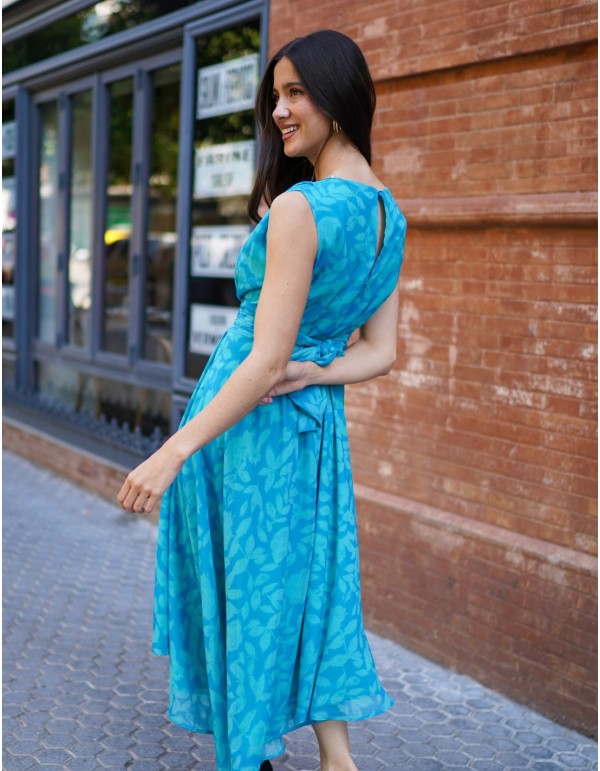 Turquoise floral print midi dress with draping at the waist 2