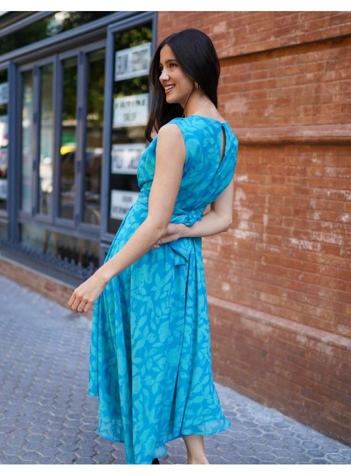 Turquoise floral print midi dress with draping...
