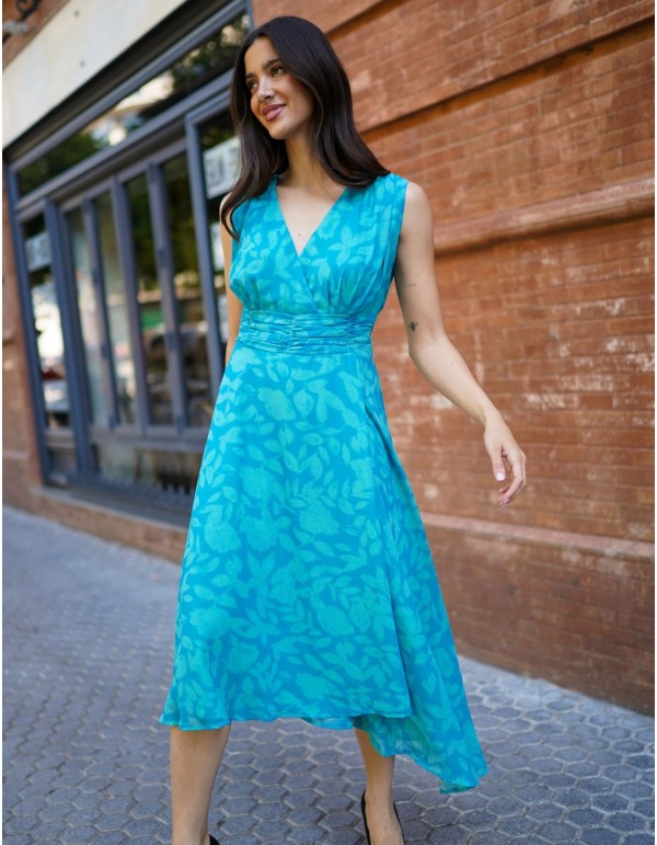 Turquoise floral print midi dress with draping at the waist