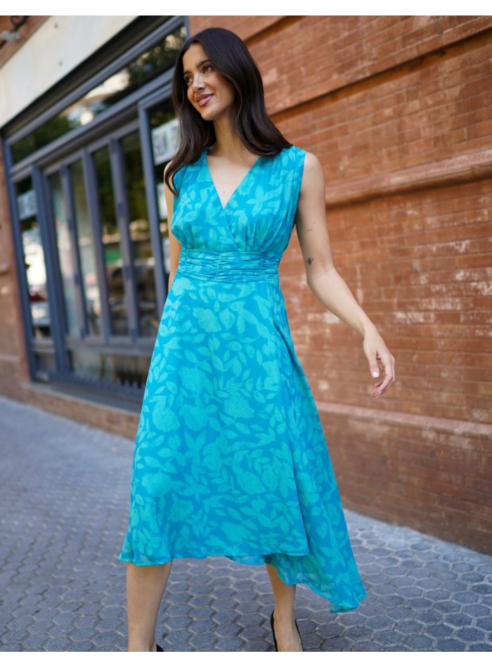 Vestido midi con estampado de flores turquesa con drapeado en la cintura