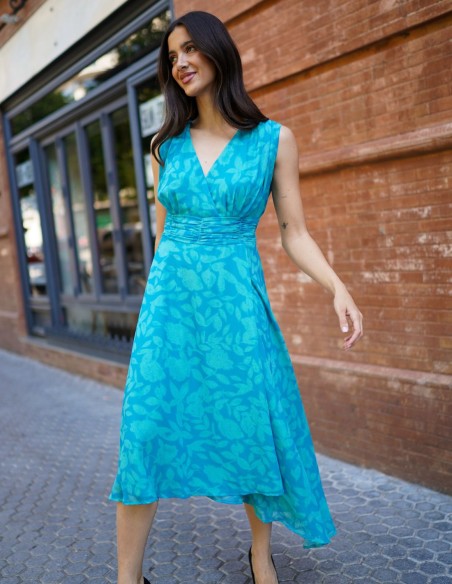 Robe midi à imprimé floral turquoise avec ceinture drapée