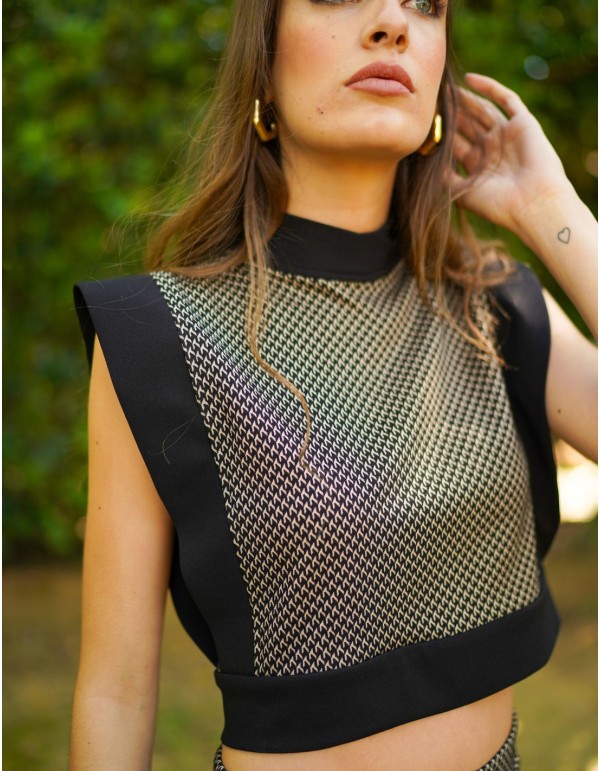 Top estructurado negro con estampado pata de gallo 2
