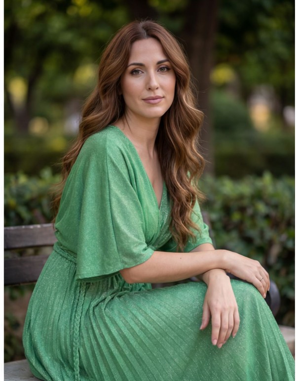 Robe longue verte en tissu brillant avec une coupe empire 2