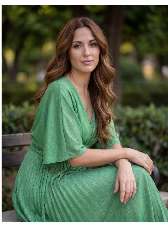Green long dress in shiny fabric with empire cut