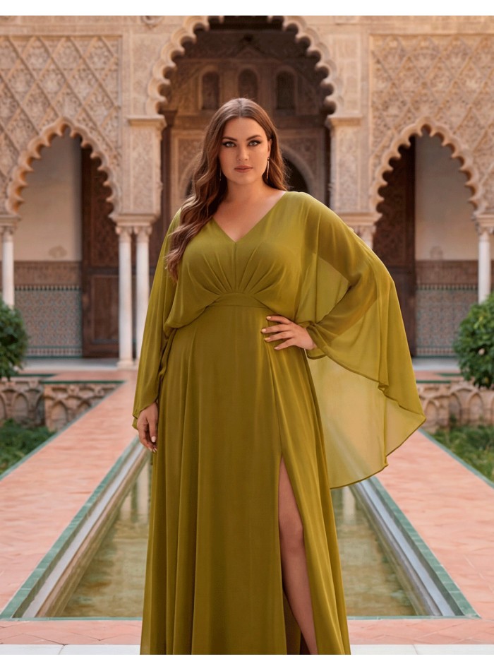 Vestido largo oliva de talla grande con manga capa