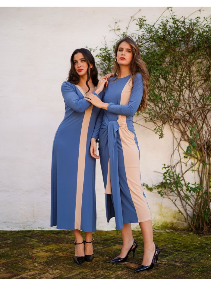 Vestido midi bicolor con manga larga y detalle nudo