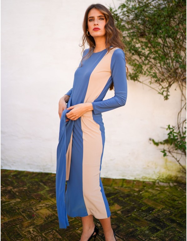 Bicolor midi dress with long sleeves and knot detail