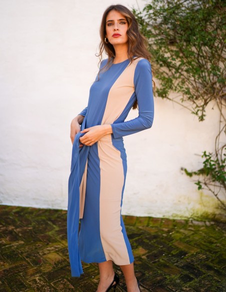 Robe midi bicolore à manches longues avec détails de nœuds
