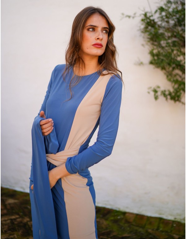 Robe midi bicolore à manches longues avec détails de nœuds 2