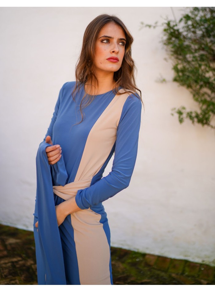 Robe midi bicolore à manches longues avec...