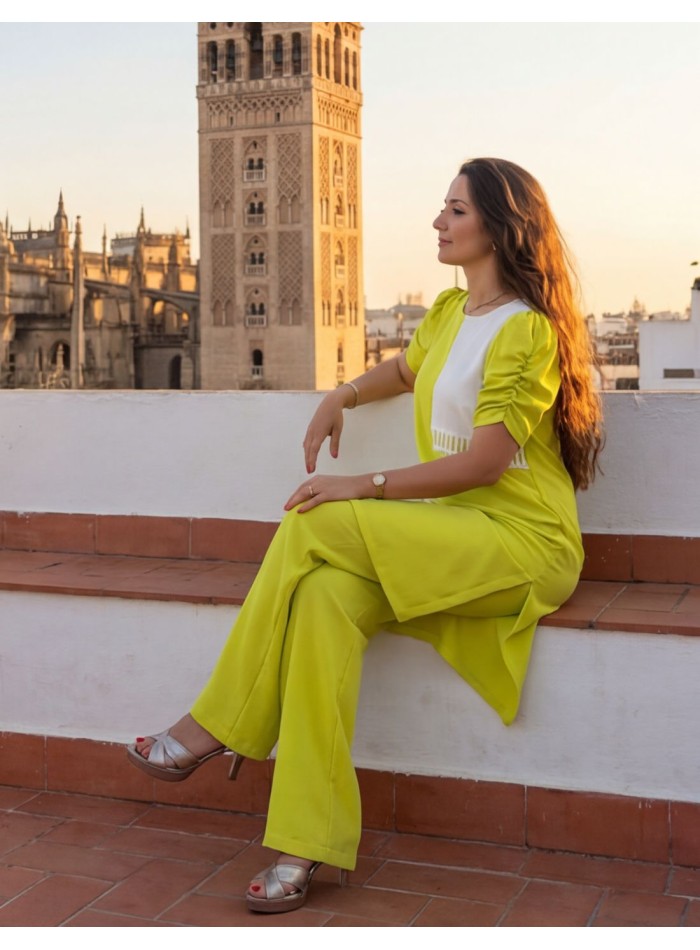 Lime color blouse with puffed sleeves and pants...