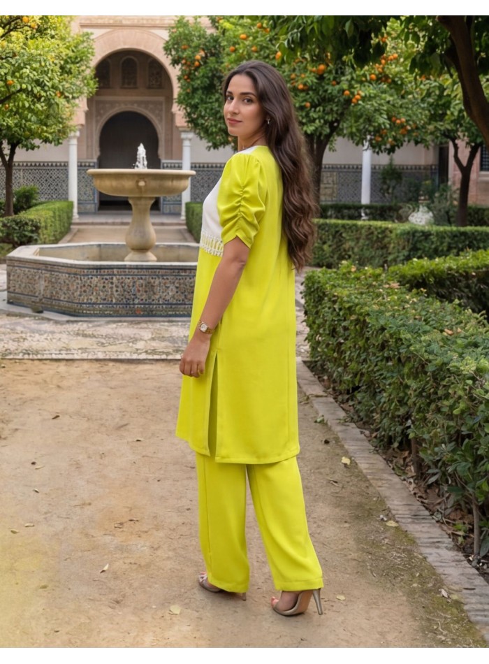 Lime color blouse with puffed sleeves and pants...