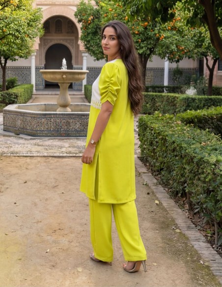 Lime color blouse with puffed sleeves and pants set
