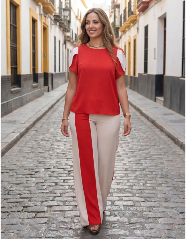 Red and beige two-tone blouse and pants guest outfit