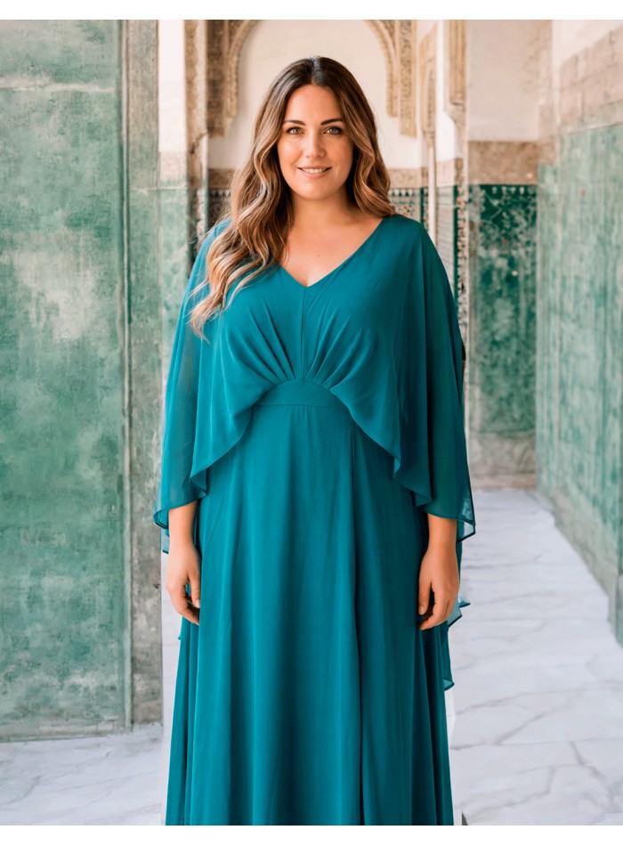 Robe longue à manches cape bleu pétrole plus size