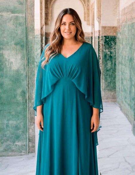 Long petrol blue plus size dress with layered sleeves