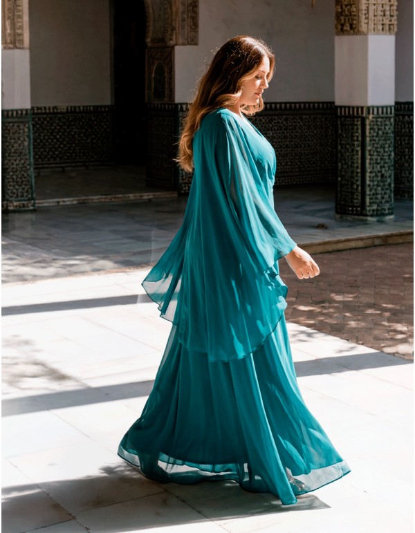 Vestido largo azul petróleo de talla grande con manga capa 2