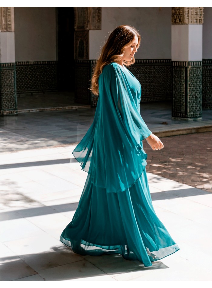 Long petrol blue plus size dress with layered...