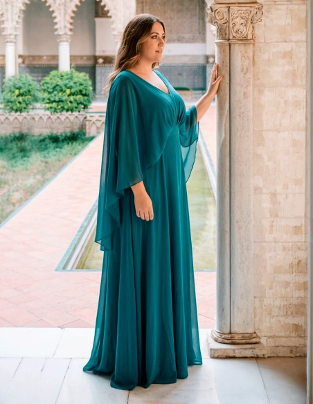 Long petrol blue plus size dress with layered sleeves