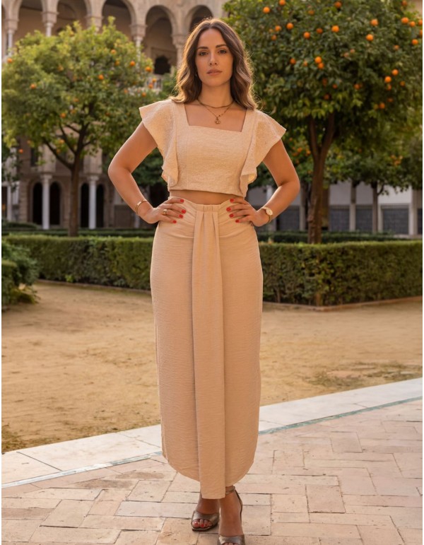 Beige two-piece set with lace top and midi skirt