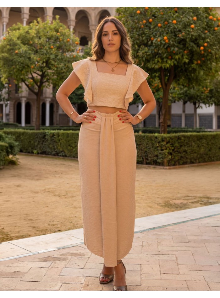 Beige two-piece set with lace top and midi skirt