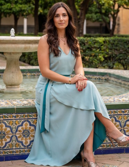 Ensemble midi bicolore aigue-marine avec col licou et jupe à volants