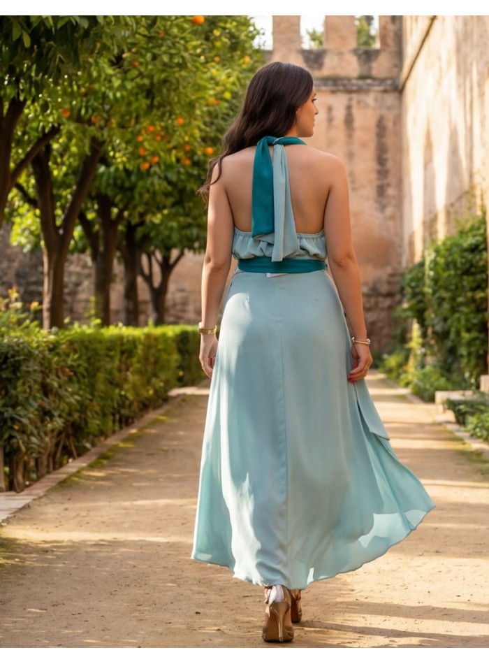 Conjunto midi bicolor aguamarina con cuello...