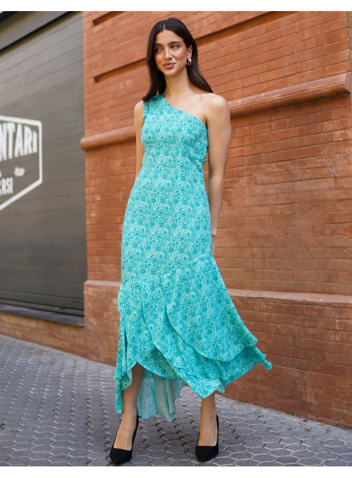 Midi guest dress with asymmetrical neckline and...