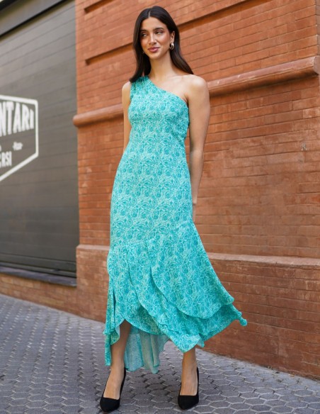 Midi guest dress with asymmetrical neckline and layered hemline