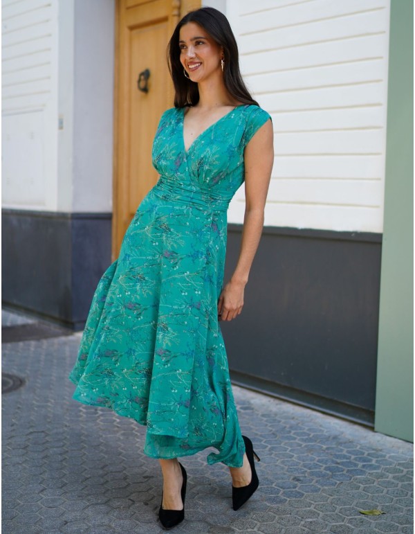 Vestido midi con cintura drapeada y escote en pico