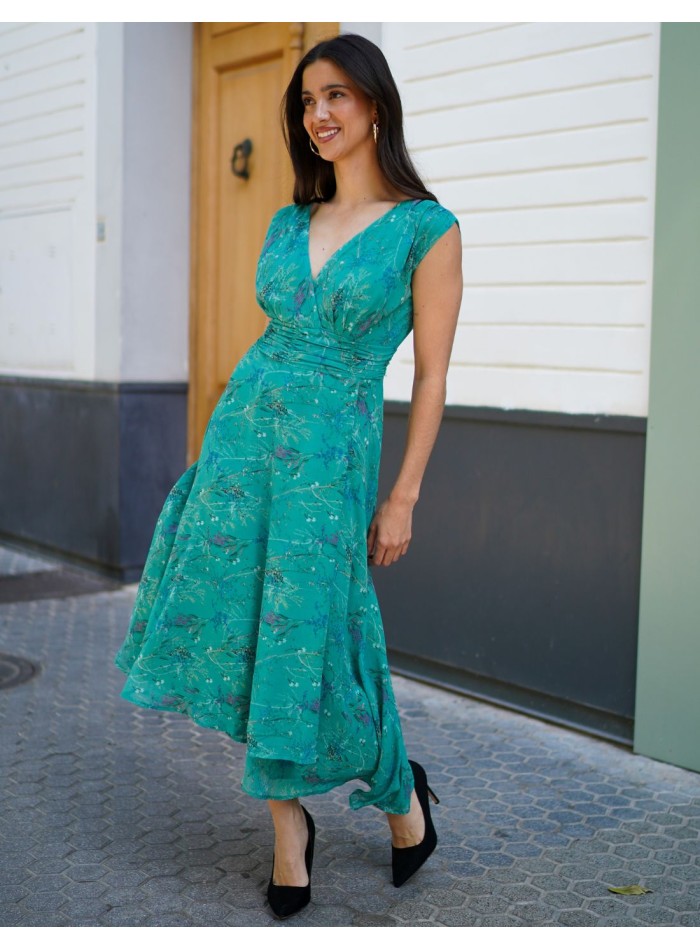 Midi dress with draped waist and V-neckline