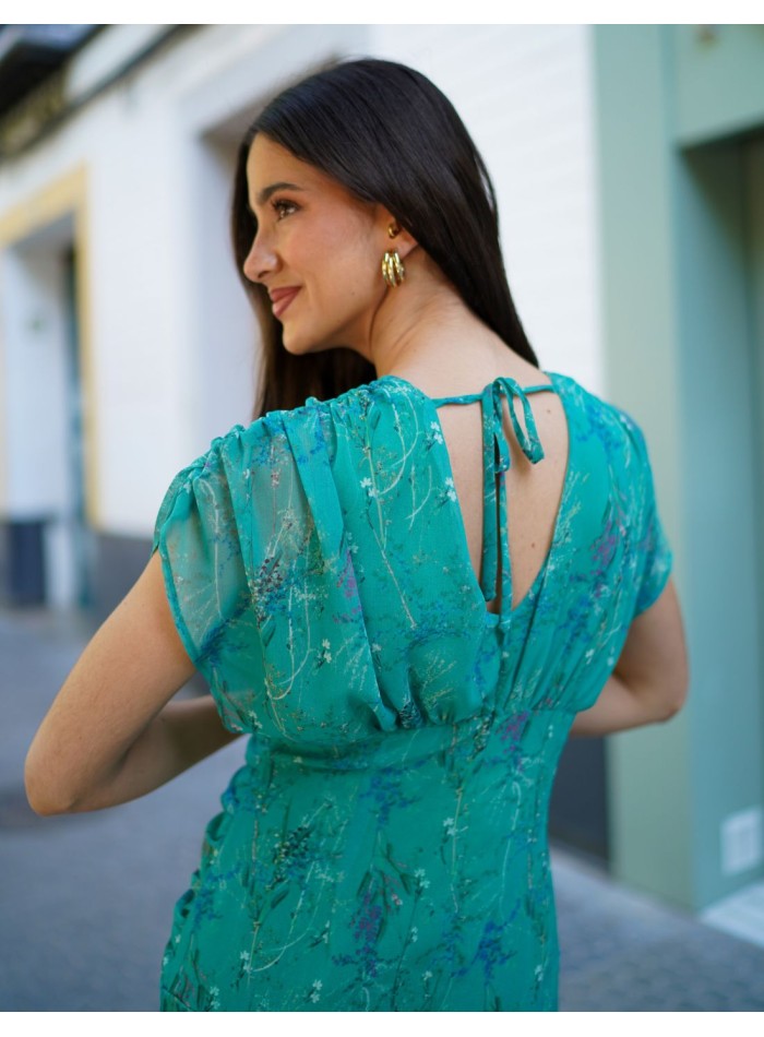 Midi dress with draped waist and V-neckline