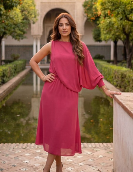 Pink midi dress with cape sleeves and draped at the waist