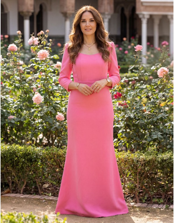 Long dress with square neckline and structured sleeves...