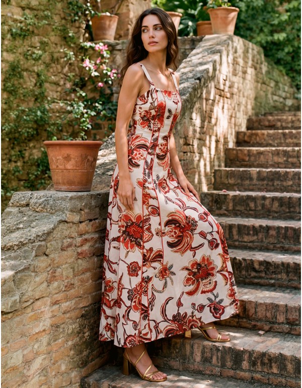 Vestido midi estampado de flores rojas para invitada
