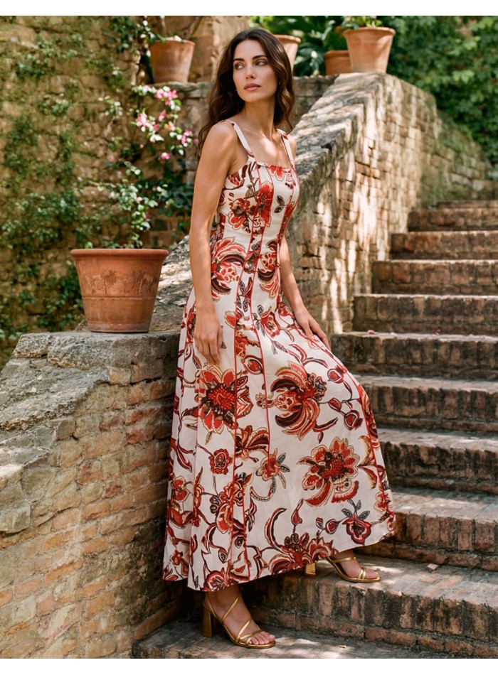 Red flower print midi dress for guests