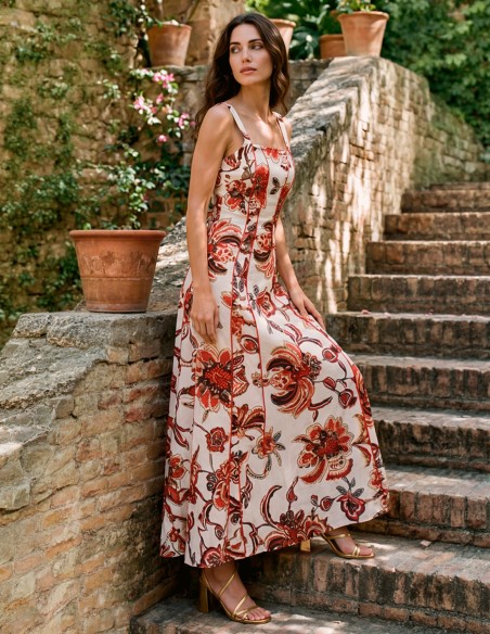 Vestido midi estampado de flores rojas para invitada