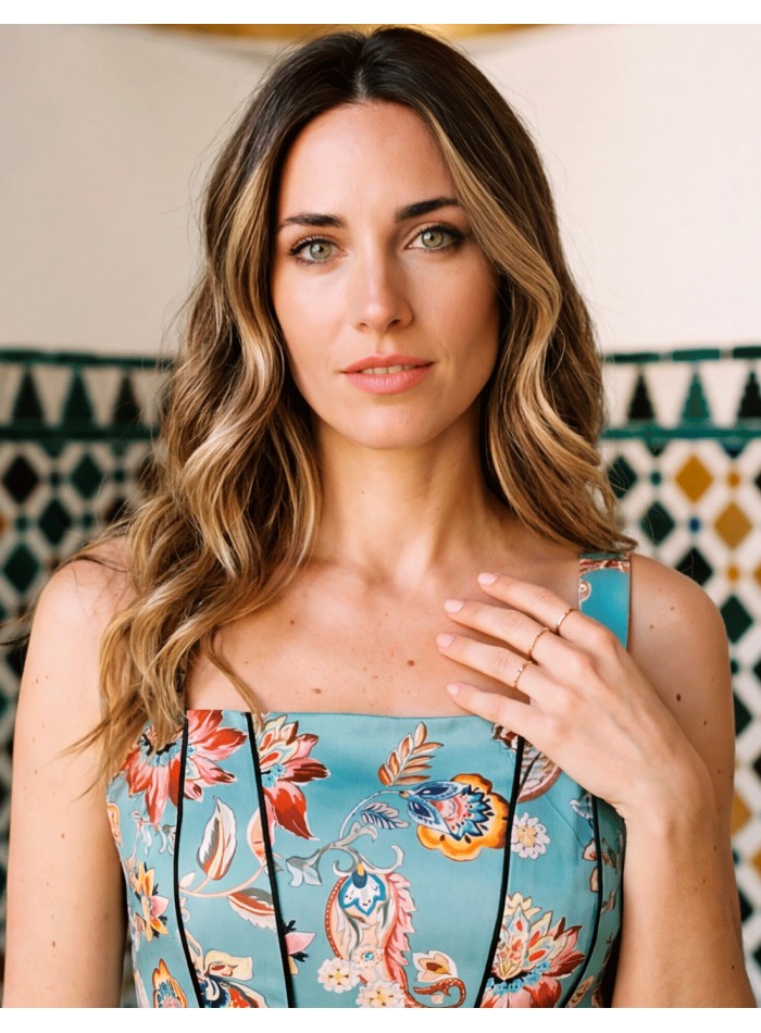 Floral print midi dress in aqua green for guests