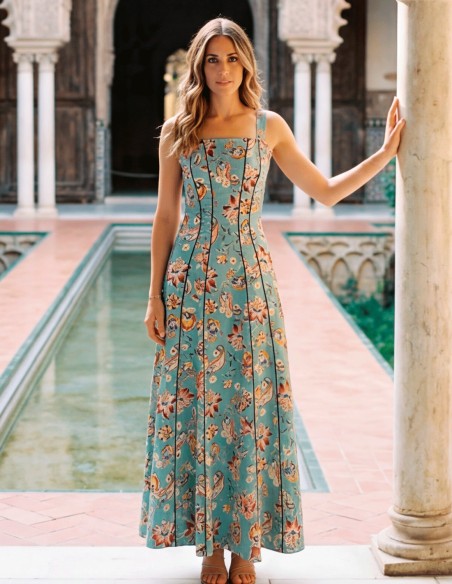Vestido midi estampado floral en verde agua para invitada