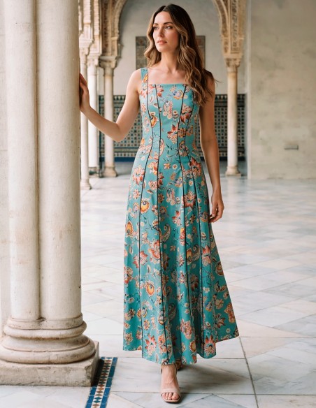 Robe midi vert aqua à imprimé floral : fraîcheur et élégance pour les invités