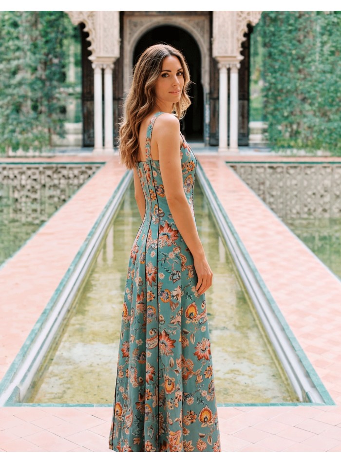 Vestido midi estampado floral en verde agua...