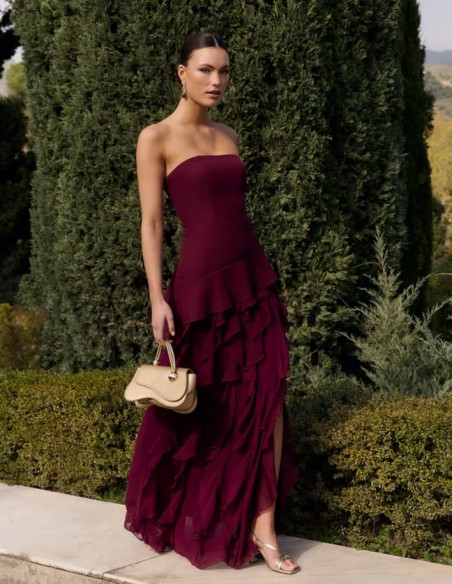 Robe longue à bretelles avec corset et jupe en mousseline de soie, de couleur bourgogne