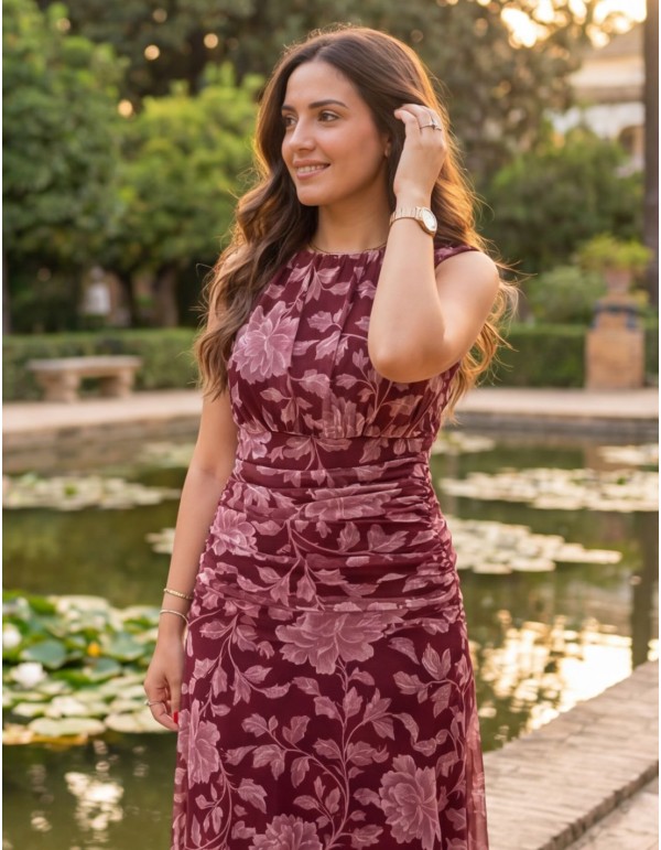 Floral burgundy midi dress with draped at the waist