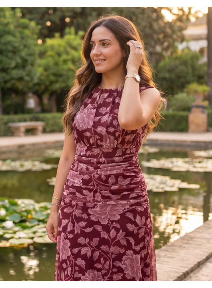 Floral burgundy midi dress with draped at the...