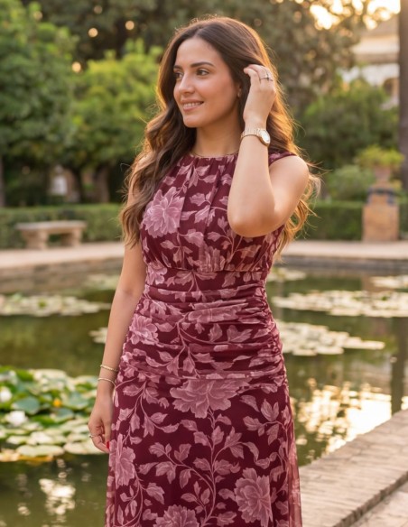Vestido midi burdeos floral con drapeado en la cintura